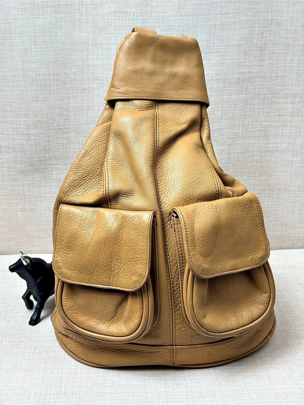 Tan Pebbled Leather Backpack Zip Closure Front Pockets Adjustable Strap Lined